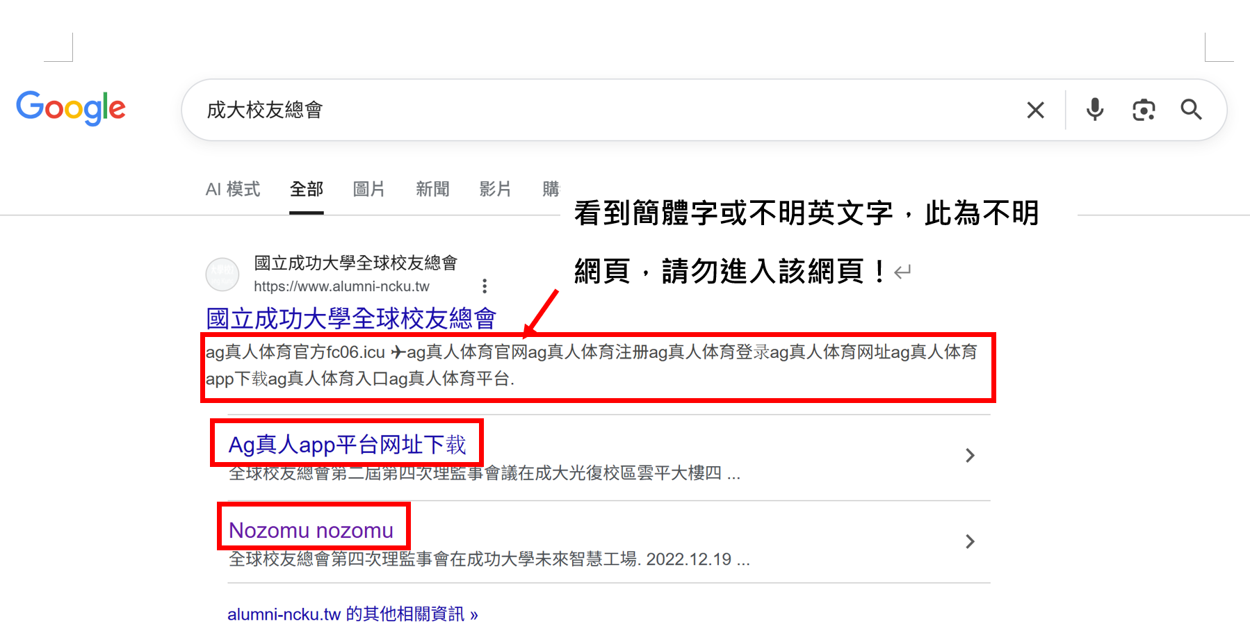 假借成大校友總會之不實網頁